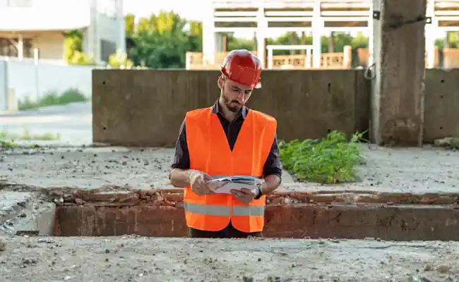 Inspector reviewing a concrete slab foundation edge for slab foundation repair in Burleson TX