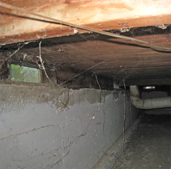 Crawl space repair Burleson TX: inside view of a crawl space showing floor framing, a concrete foundation wall, and a vent opening